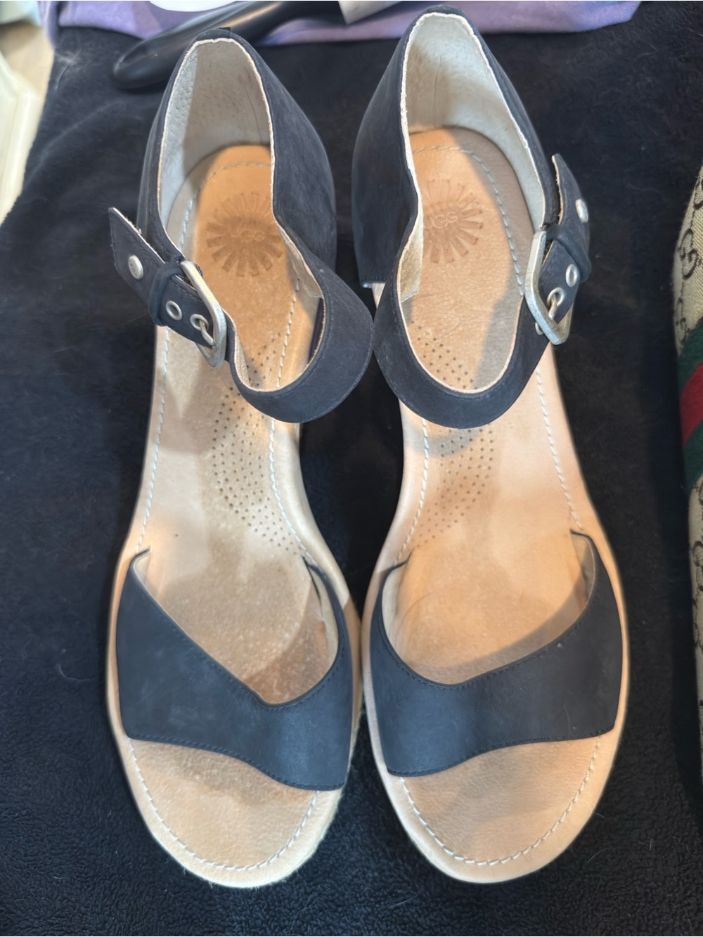 UGG Black Ankle-Strap Open-Toe Wedge Sandals